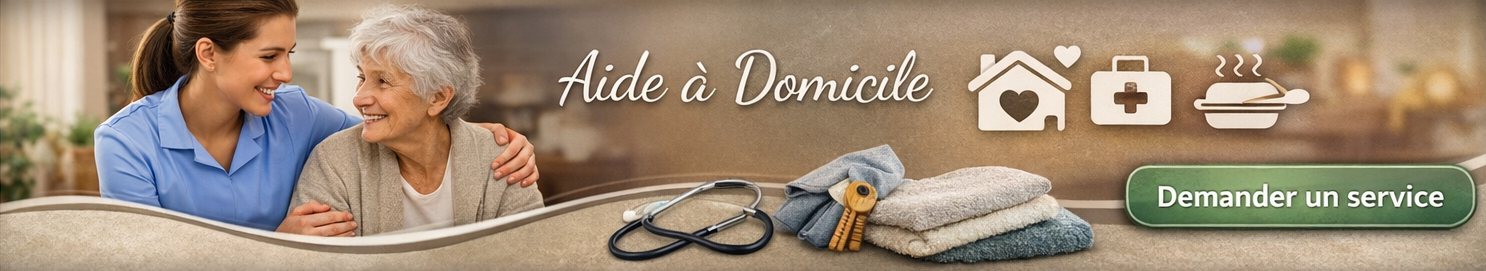 personne aidante + senior / geste attentionné / intérieur chaleureux